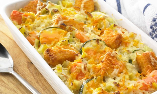 Juustoinen kalapuikko-purjopaistos